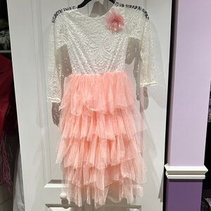 Elegant Pink/peach and White Lace Kids Dress